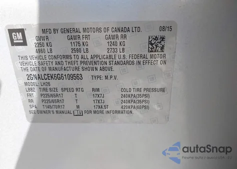 2016 Chevrolet Equinox Lt из США, поврежденный, VIN 2GNALCEK6G6109563